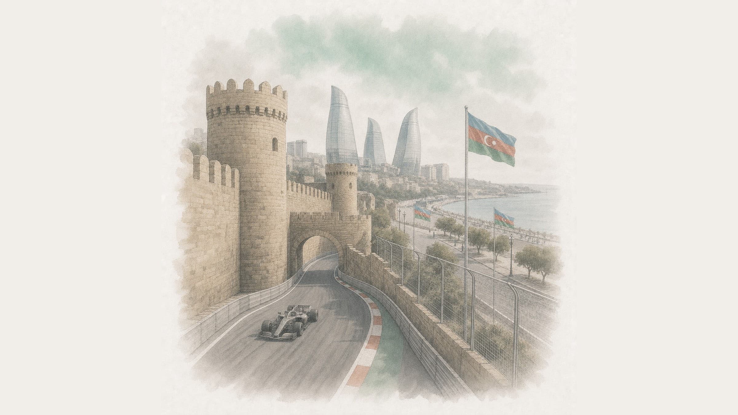 A Formula 1 car threading the medieval walls of Baku's Old City, the Flame Towers and the Caspian bay beyond.