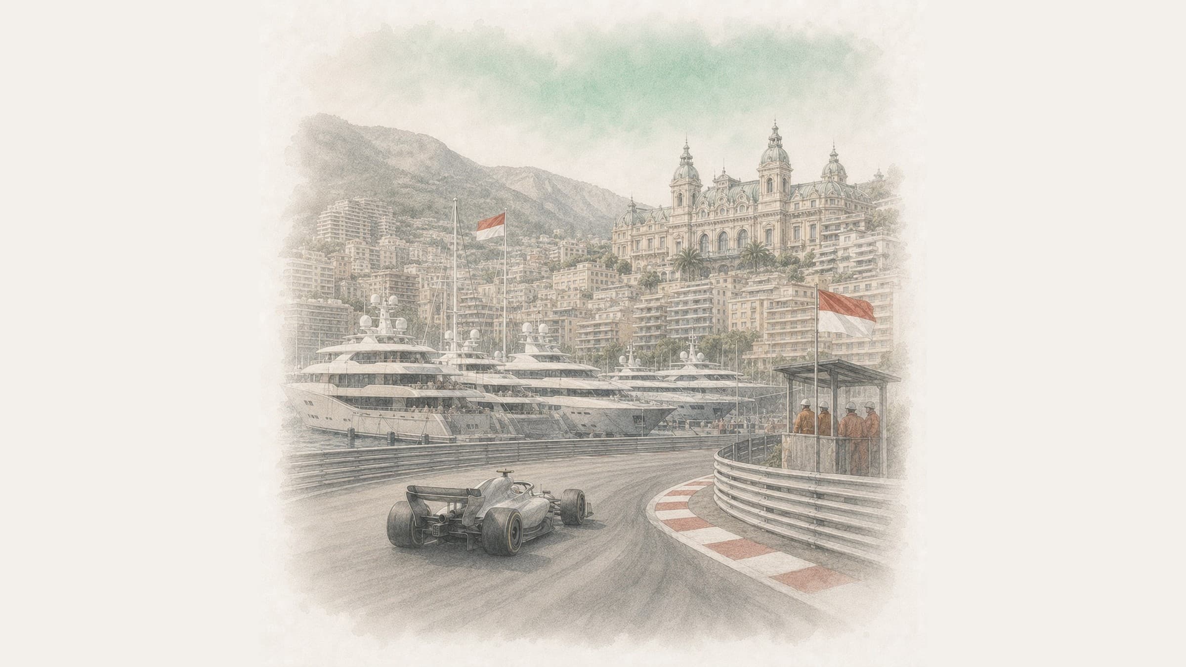A Formula 1 car through the Monte Carlo hairpin, superyachts in the harbour and the Casino rising on the hillside behind.