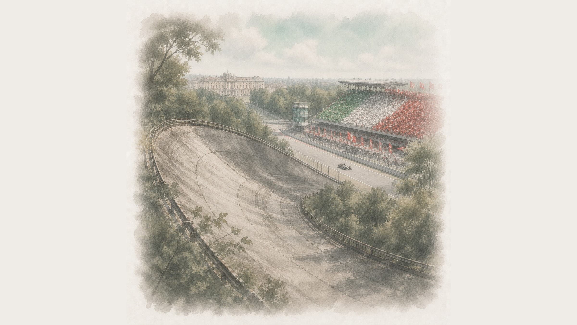 A Formula 1 car on the Monza straight past tricolore-packed grandstands, the old banked oval curving away through the royal park.