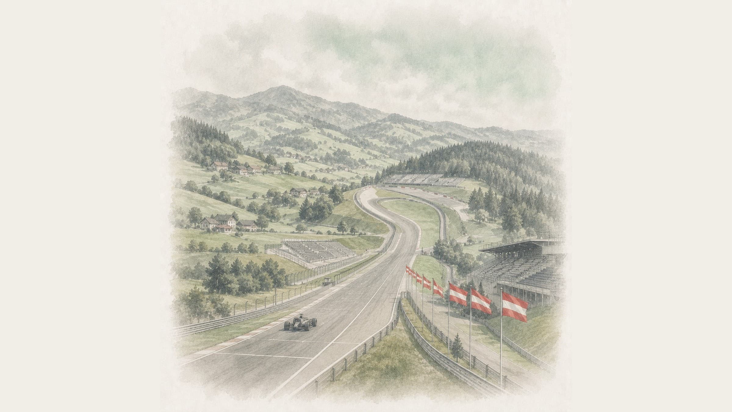 A Formula 1 car on the Red Bull Ring, Austrian flags along the track and the green Styrian hills rising behind.