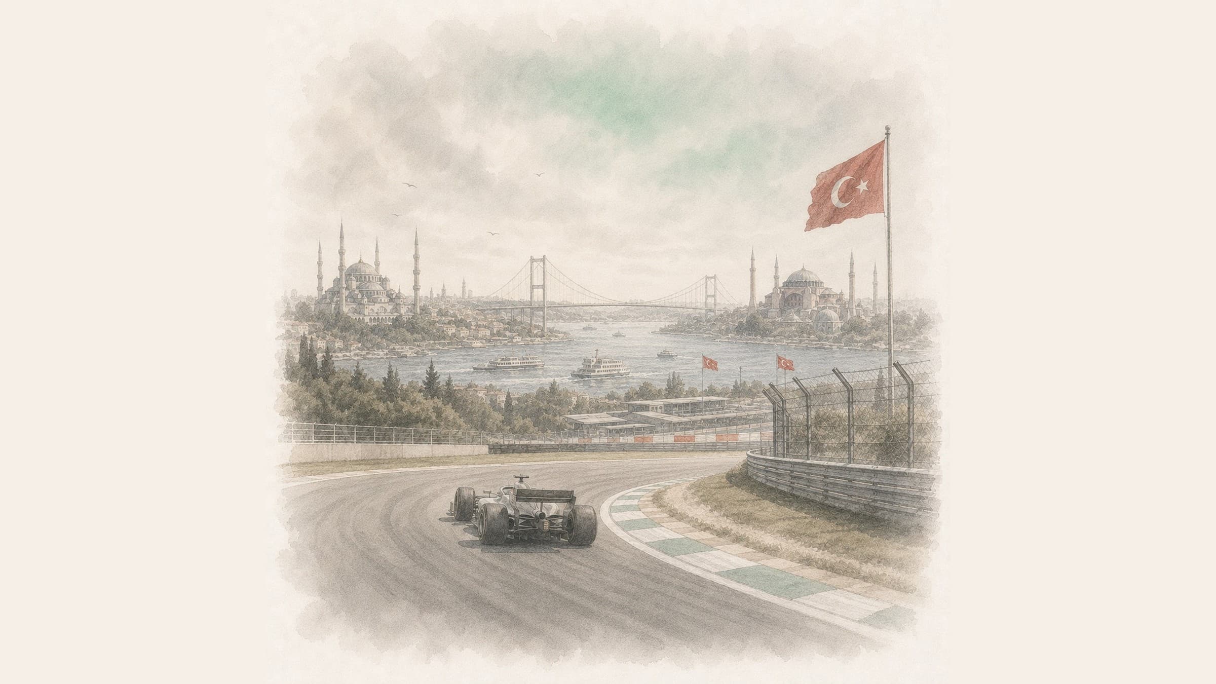 A Formula 1 car sweeping through Turn 8 at Istanbul Park, the Bosphorus, its bridge and the old-city mosques beyond.