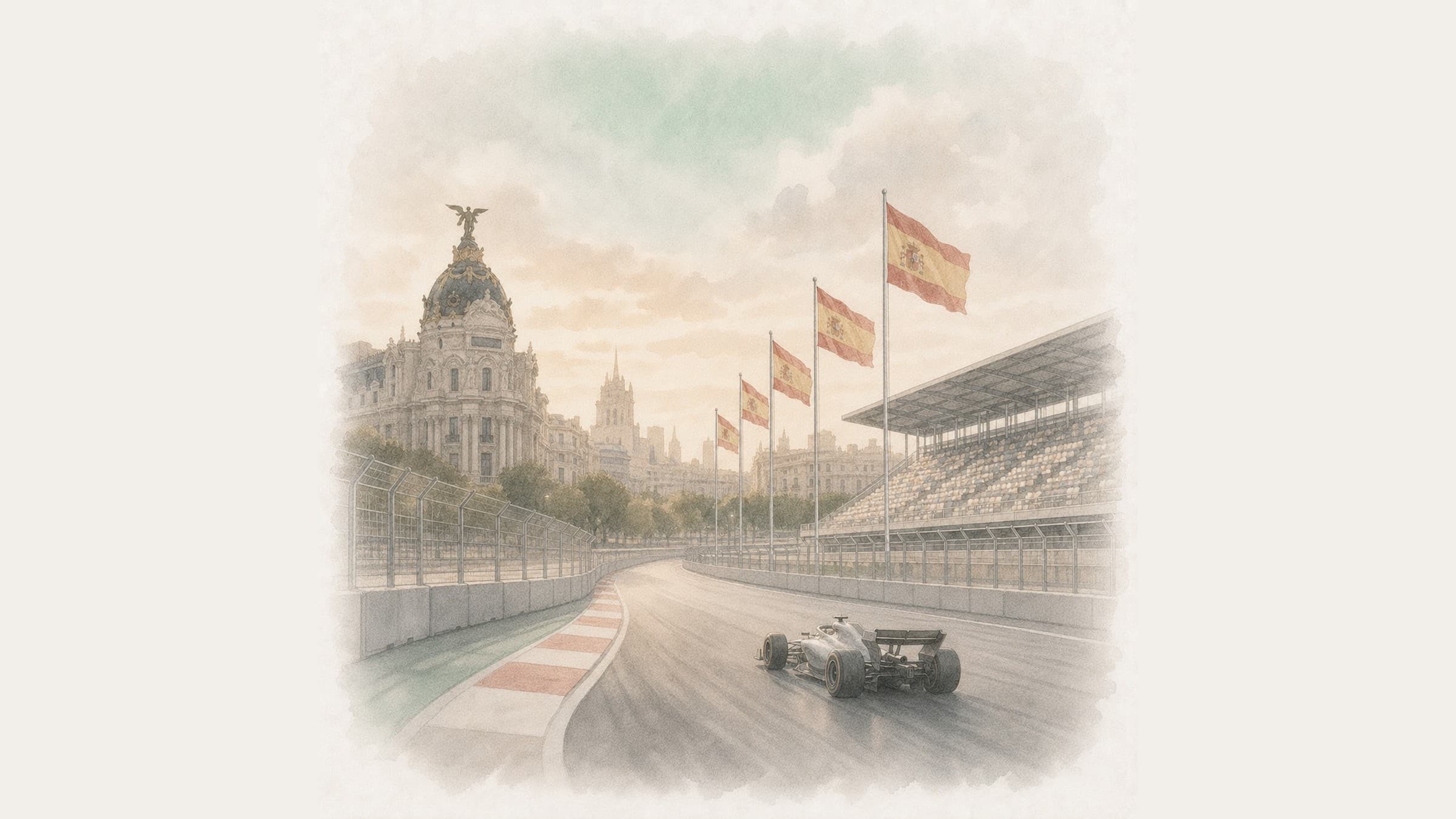 A Formula 1 car on the Madrid street circuit, Spanish flags flying and the Metropolis dome on the skyline behind.