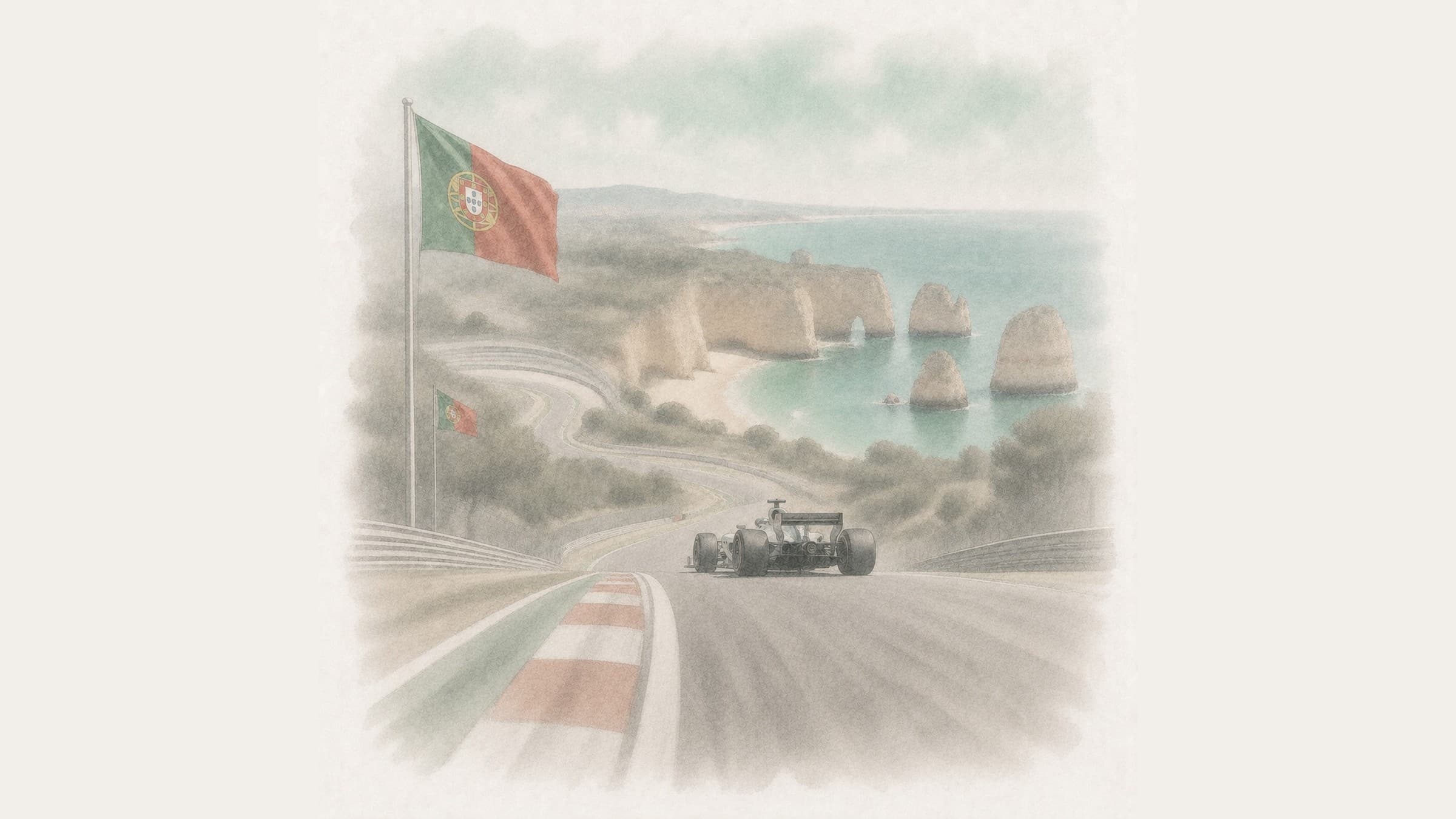 A Formula 1 car cresting the Algarve circuit above Portimão, the Atlantic cliffs and coast beyond.