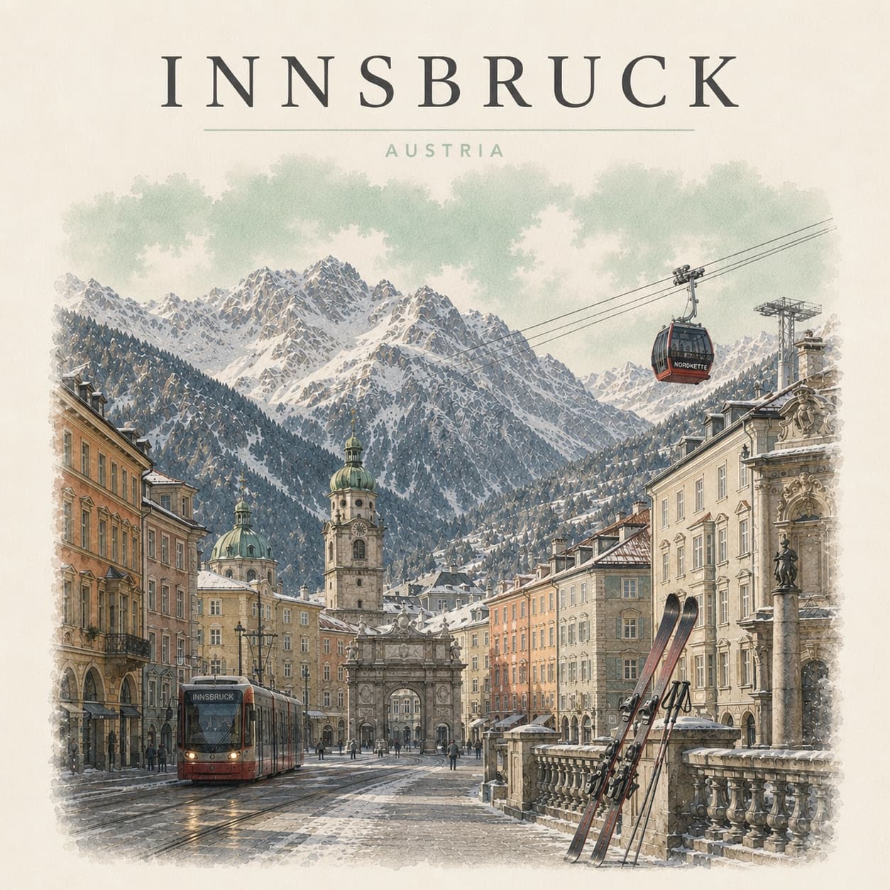 The colourful riverfront houses of Innsbruck's old town beneath the snow-capped peaks of the Nordkette.