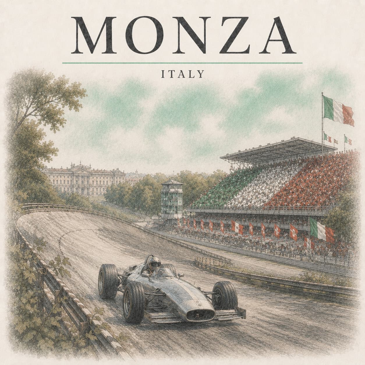 A Formula 1 car on the Monza straight past tricolore-packed grandstands, the old banked oval curving away through the royal park.