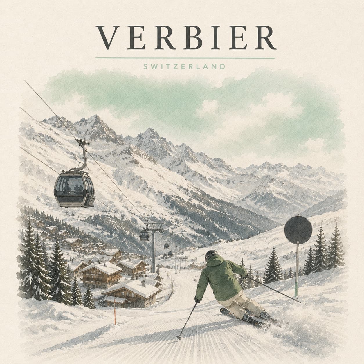A lone skier dropping into untracked powder beneath Mont Fort, the Bec des Rosses rising in the distance above Verbier.